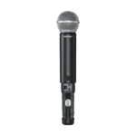 Shure BLX288 dual wireless microphone system with SM58 capsules and receiver controls detail view