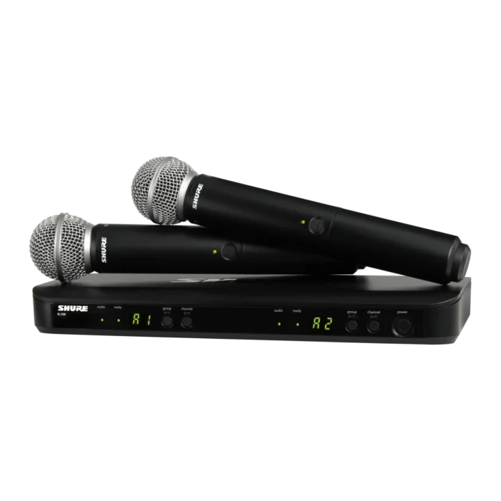 Shure BLX288 SM58 wireless microphone system with dual handheld transmitters and receiver unit