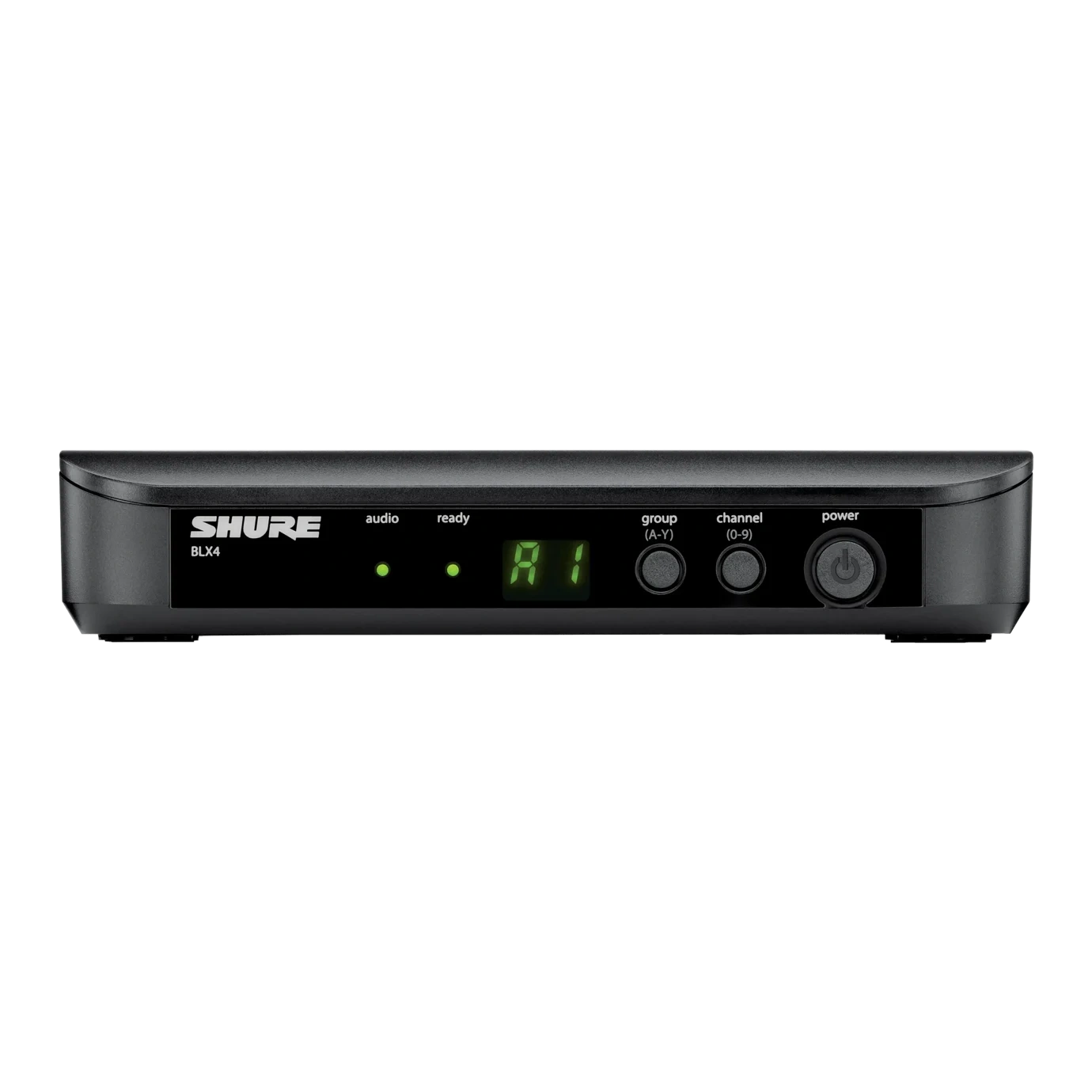 Shure BLX4 Wireless Receiver Front View Shure BLX4 wireless receiver unit with front panel controls and LED indicators, H9 frequency band