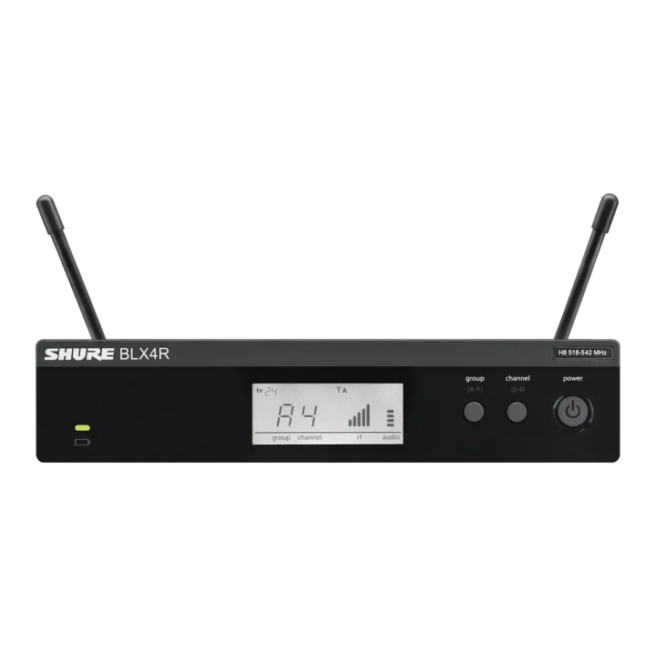 Shure BLX4R wireless receiver unit showing front panel controls and display screen