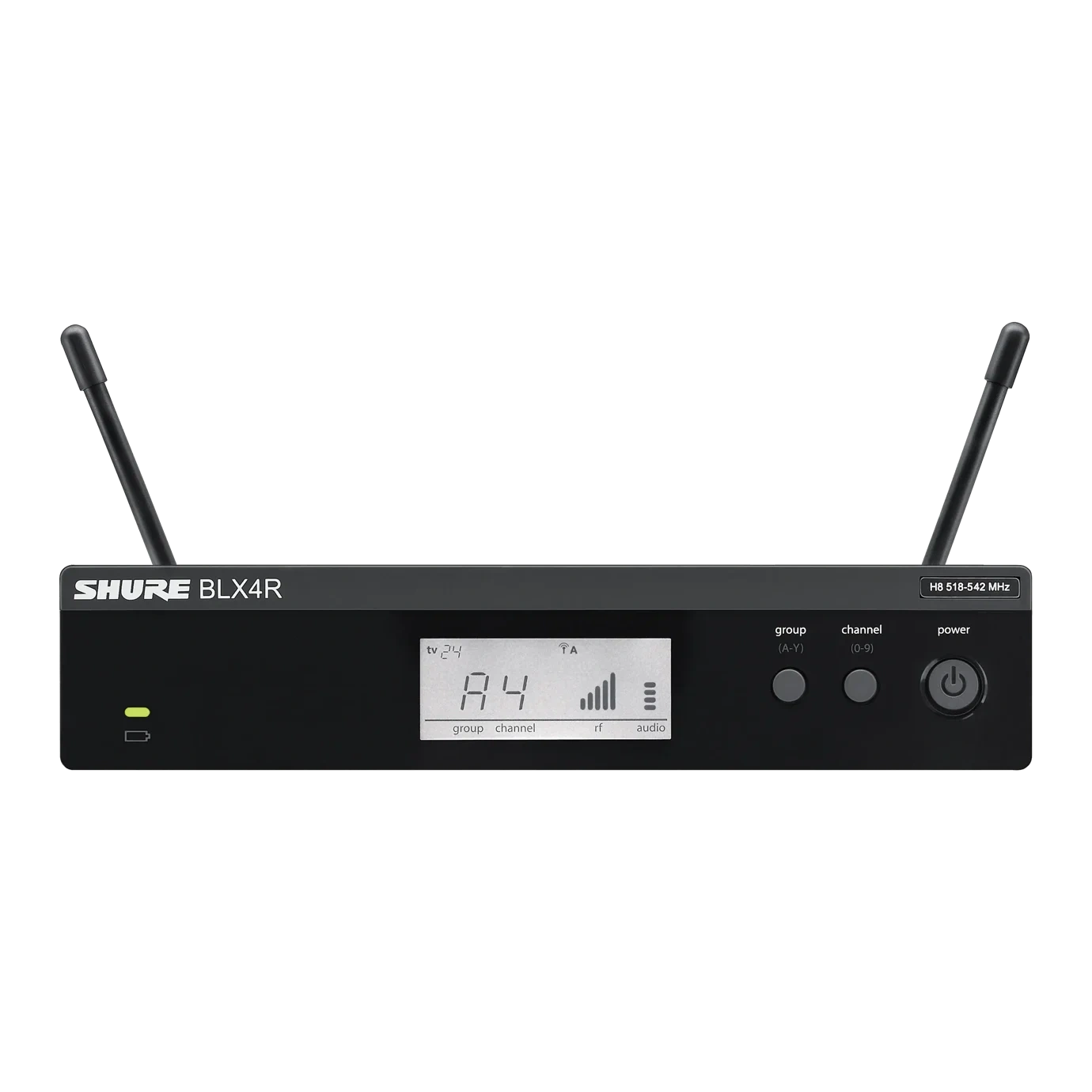 Shure BLX4R Wireless Receiver Front View Shure BLX4R wireless receiver unit with front panel controls and display screen