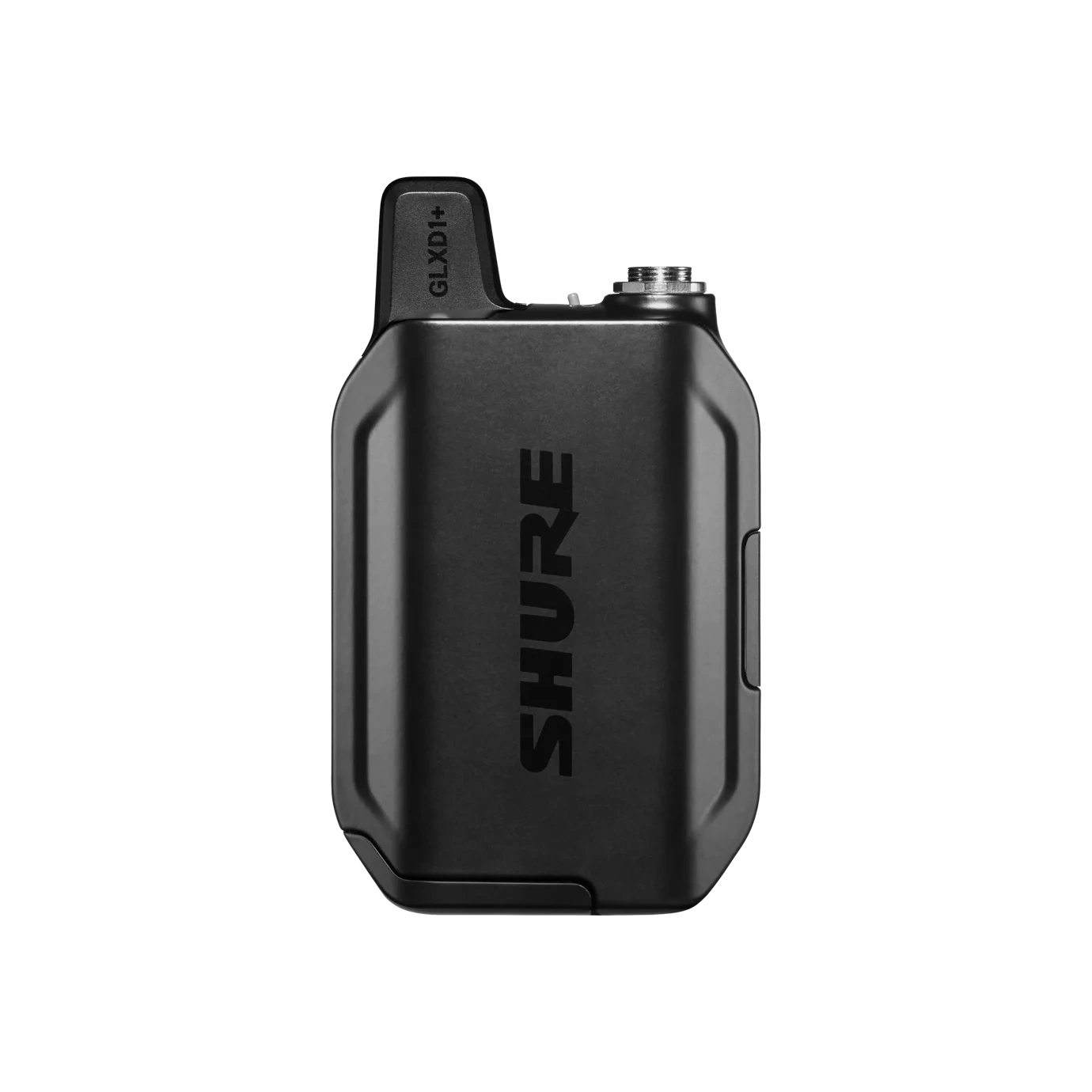 Shure GLXD1+ Digital Wireless Bodypack Transmitter Front View Shure GLXD1+ dual band digital wireless bodypack transmitter with LCD display and control buttons