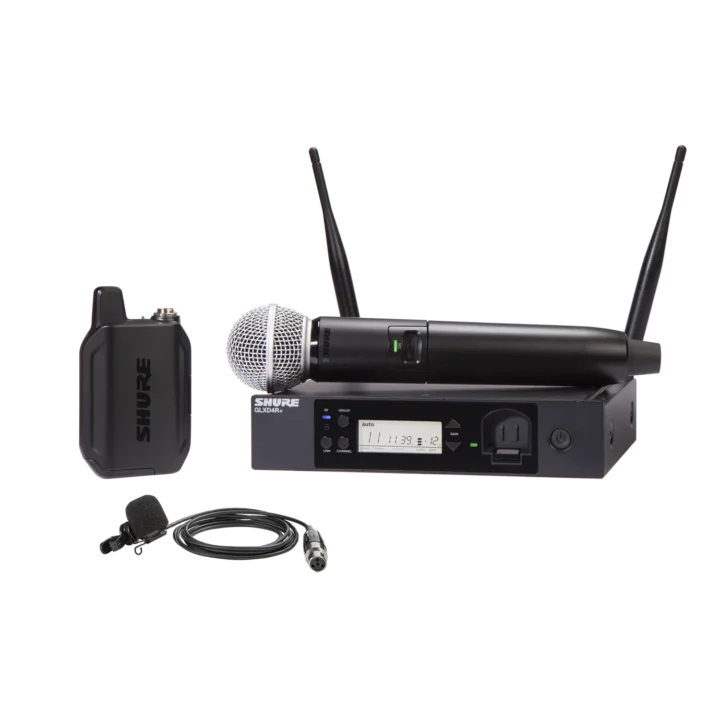 Shure GLXD124R digital wireless system with SM58 handheld and WL185m lavalier microphones front view