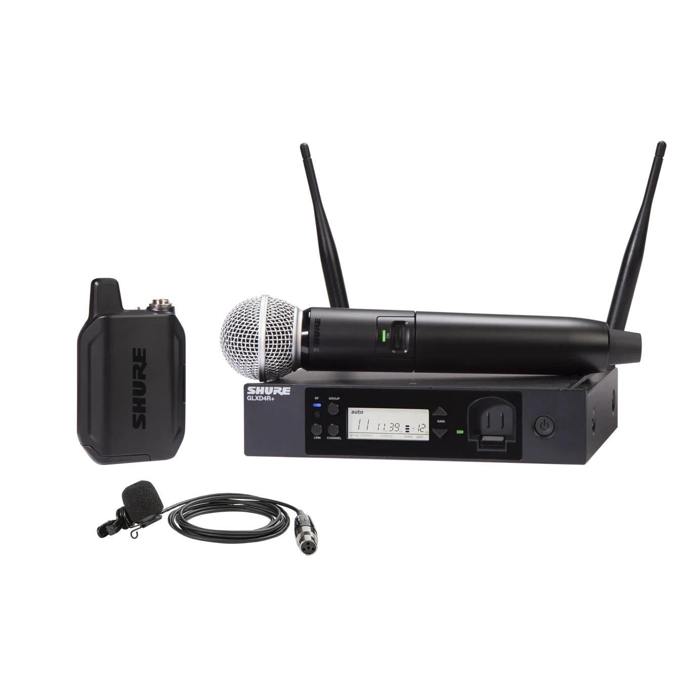 Shure GLXD124R Digital Wireless Combo System with Microphones Shure GLXD124R digital wireless system with SM58 handheld and WL185m lavalier microphones front view