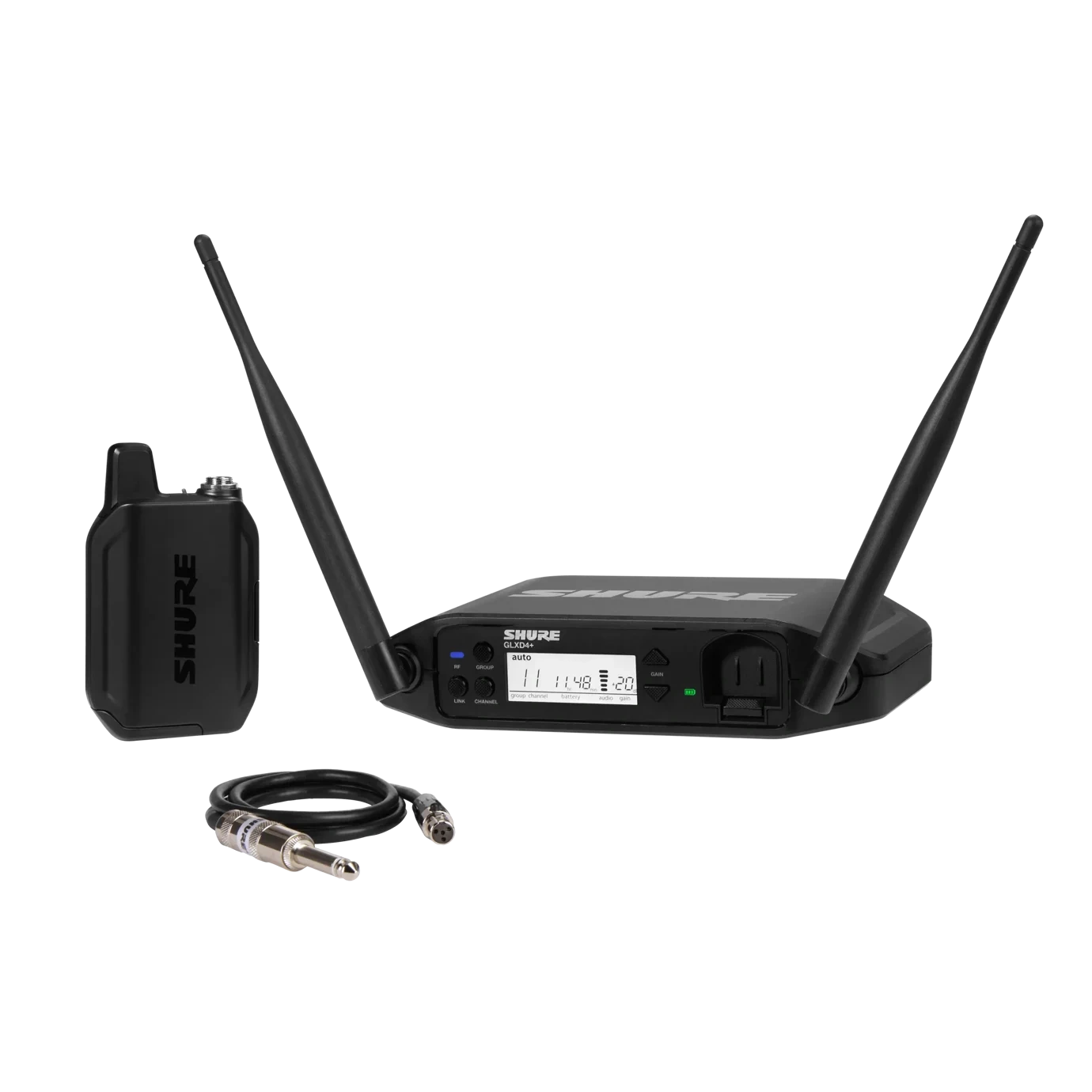 Shure GLXD14+ Digital Wireless Bodypack System Shure GLXD14+ digital wireless bodypack transmitter with belt clip and antenna