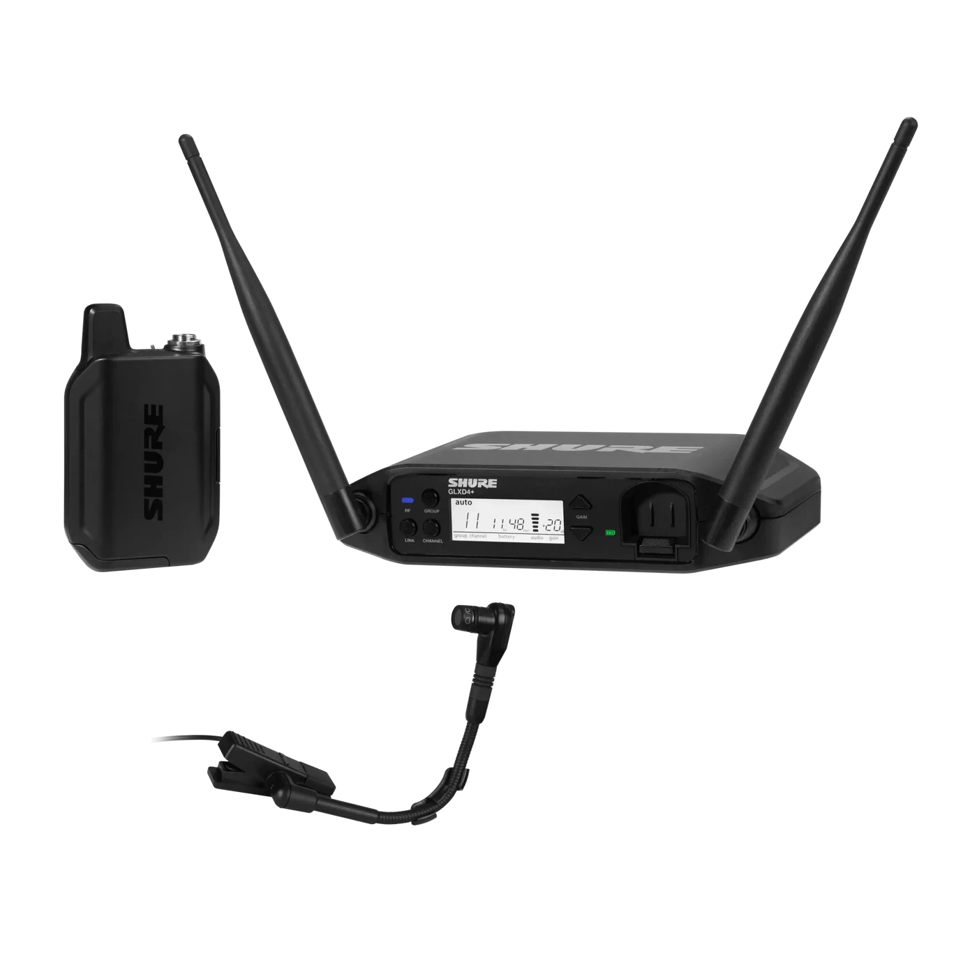 Shure GLXD14+ Digital Wireless Instrument System Shure GLXD14+ digital wireless system with BETA98H gooseneck microphone, transmitter and receiver