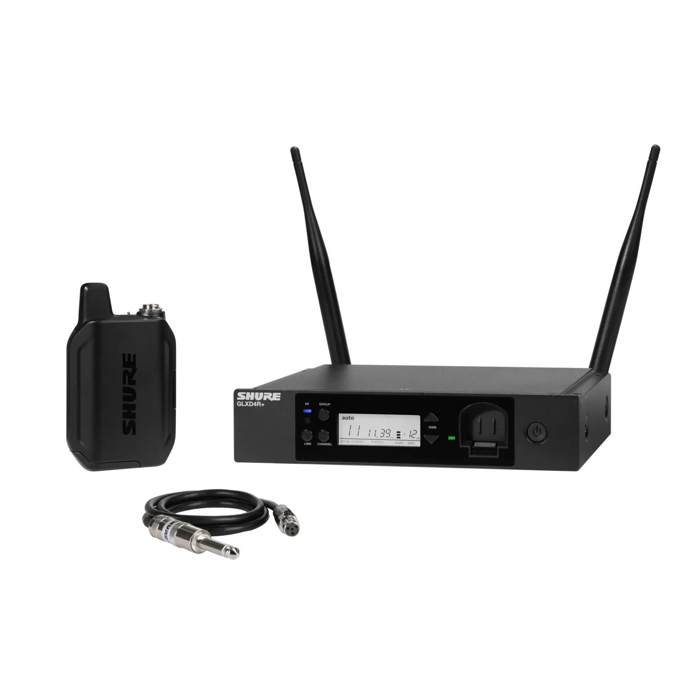 Shure GLXD14R+ Digital Wireless Rack System Front View Shure GLXD14R+ digital wireless rack system with dual receiver channels and LCD display