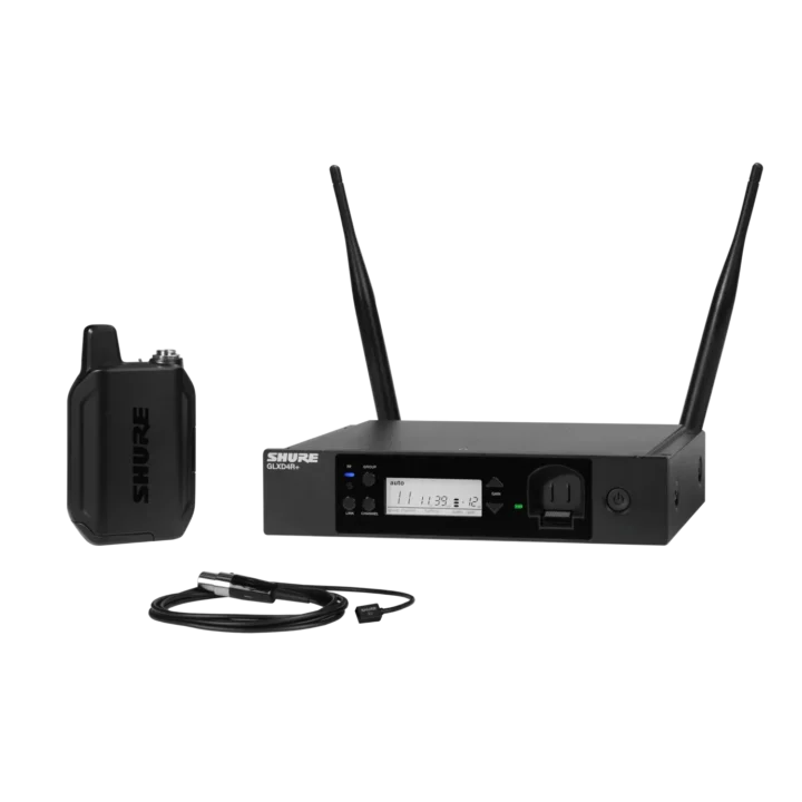 Shure GLXD14R+/93 digital wireless rack system with WL93 lavalier microphone, front panel display