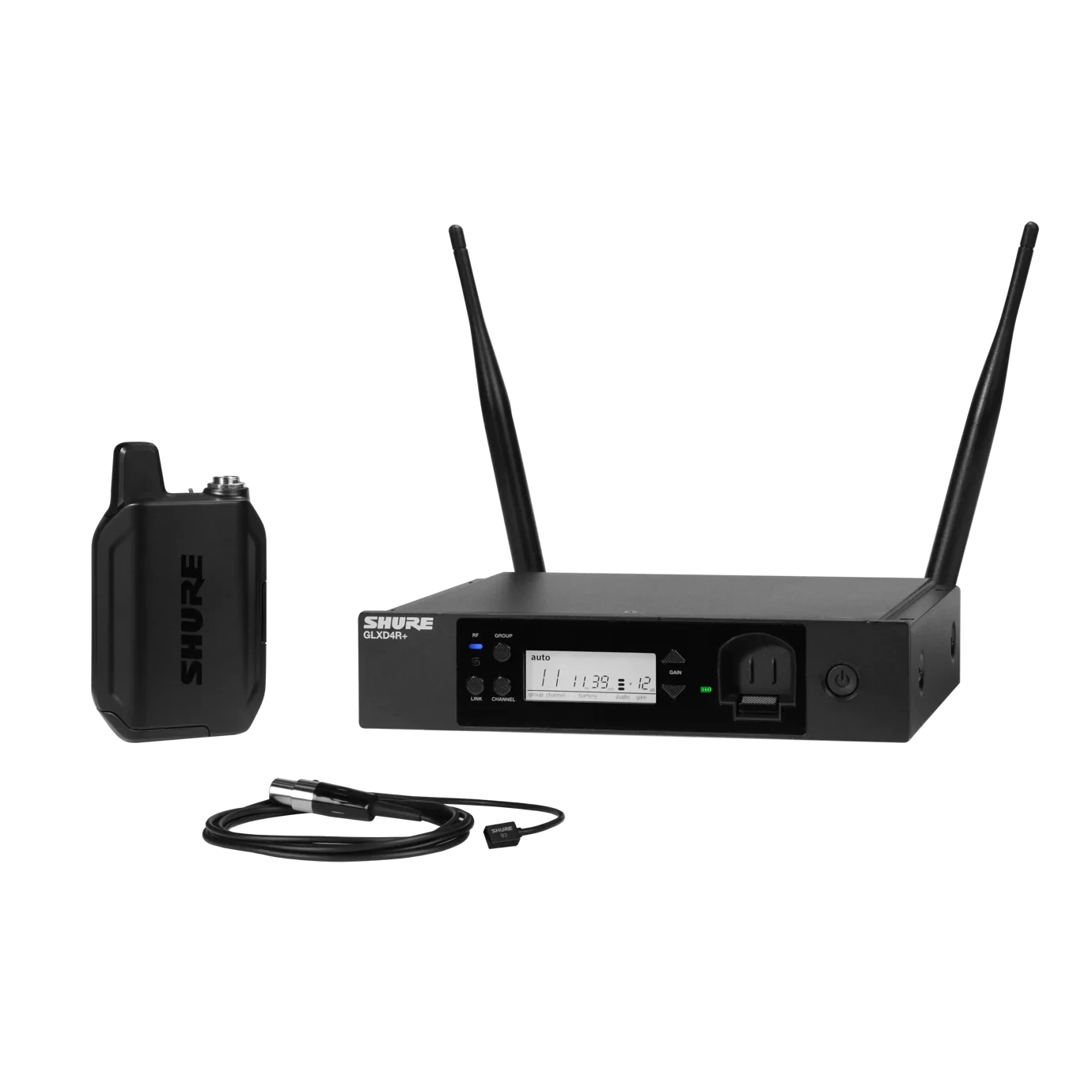 Shure GLXD14R+/93 Digital Wireless Rack System Front View Shure GLXD14R+/93 digital wireless rack system with WL93 lavalier microphone, front panel display