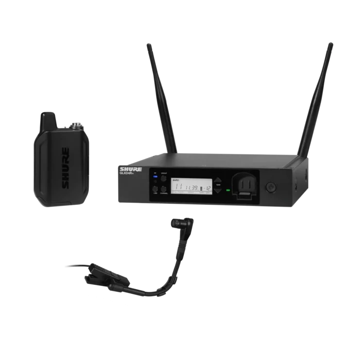 Shure GLXD14R digital wireless rack system with BETA98H flexible gooseneck microphone front view