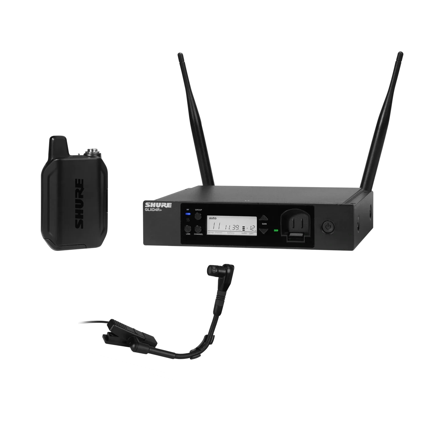 Shure GLXD14R Digital Wireless Rack System with BETA98H Microphone Shure GLXD14R digital wireless rack system with BETA98H flexible gooseneck microphone front view