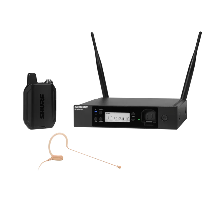 Shure GLXD14R+ digital wireless rack system with MX153 headset microphone front view