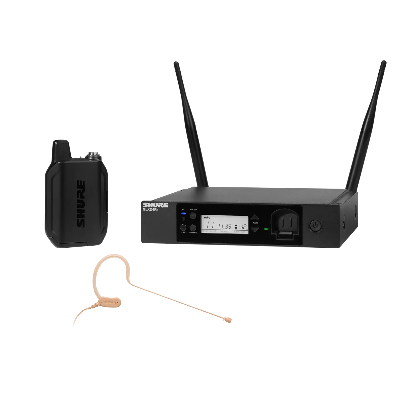 Shure GLXD14R+ Digital Wireless Rack System with MX153 Headset Shure GLXD14R+ digital wireless rack system with MX153 headset microphone front view