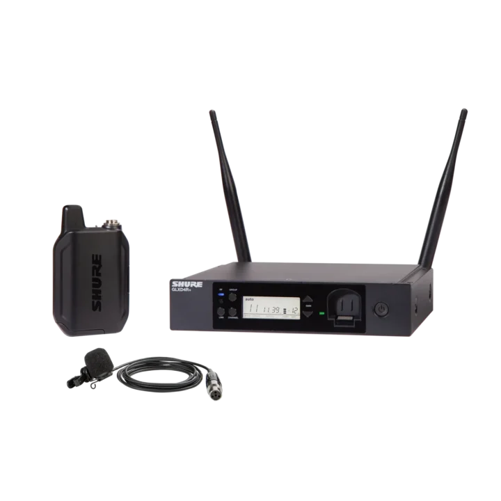Shure GLXD14R+ digital wireless rack system with WL185m lavalier microphone front view
