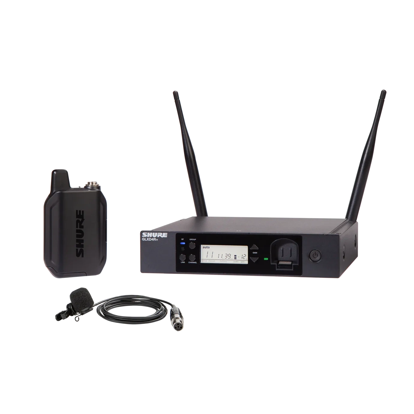 Shure GLXD14R+ Digital Wireless Rack System with WL185m Lavalier Shure GLXD14R+ digital wireless rack system with WL185m lavalier microphone front view