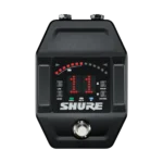 Shure GLXD16+ digital wireless guitar pedal system showing compact footprint and control interface