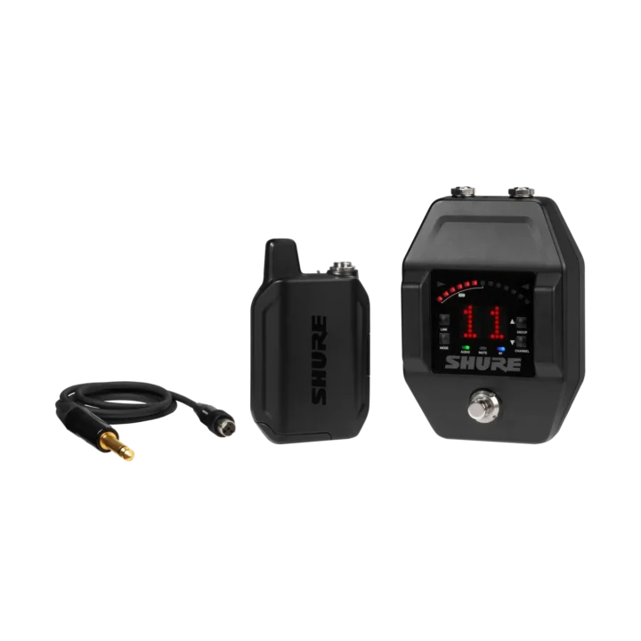 Shure GLXD16+ digital wireless guitar pedal system with receiver and transmitter components
