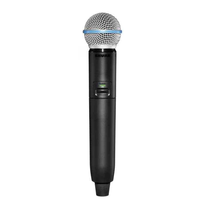 Shure GLXD2+ B58 digital wireless handheld transmitter with BETA58A microphone capsule front view