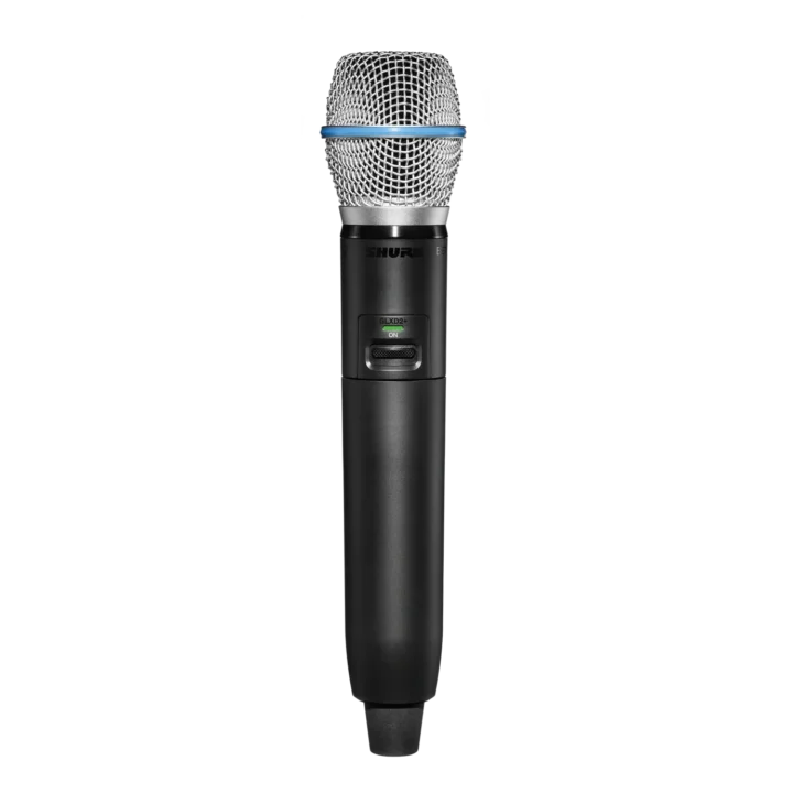 Shure GLXD2+ dual band digital wireless handheld transmitter with BETA87A vocal microphone front view