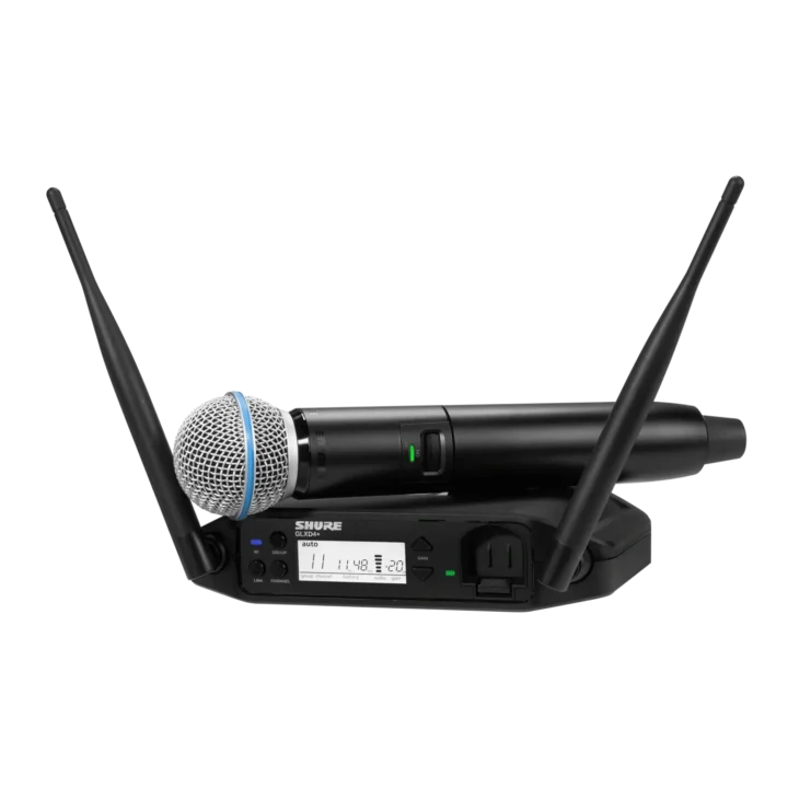 Shure GLXD24+ digital wireless handheld system with BETA58A vocal microphone, front view