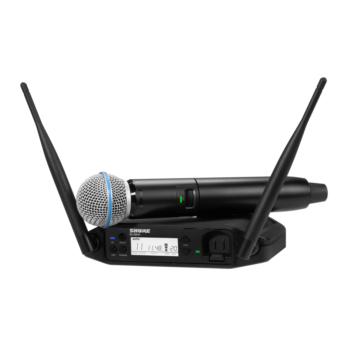 Shure GLXD24+ Digital Wireless System with BETA58A Microphone Shure GLXD24+ digital wireless handheld system with BETA58A vocal microphone, front view