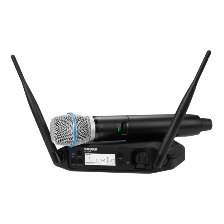 Shure GLXD24+ digital wireless handheld system with BETA87A vocal microphone front view