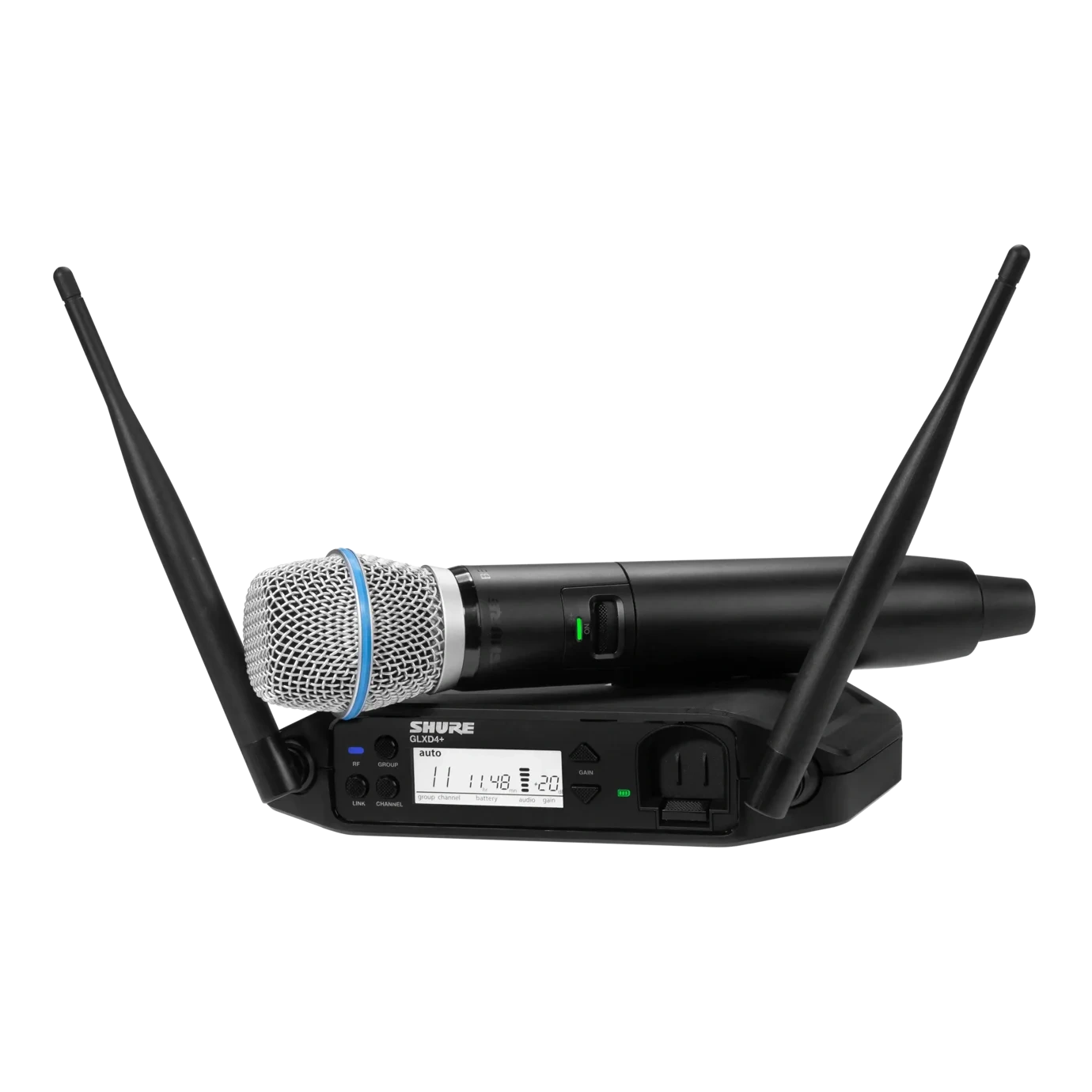Shure GLXD24+ Digital Wireless System with BETA87A Microphone Shure GLXD24+ digital wireless handheld system with BETA87A vocal microphone front view