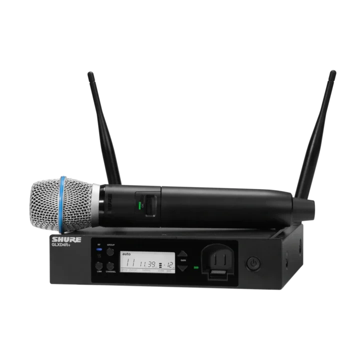 Shure GLXD24R+ digital wireless rack system with BETA87A vocal microphone front view