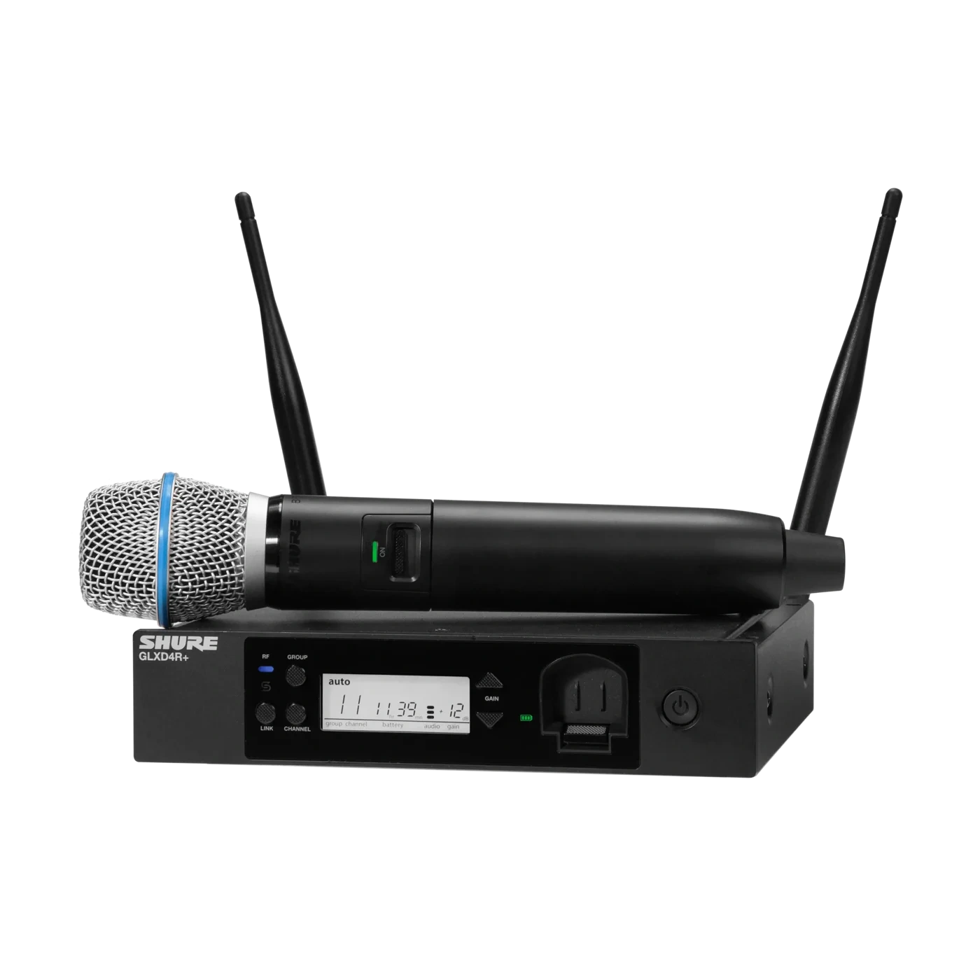 Shure GLXD24R+ Digital Wireless Rack System with BETA87A Microphone Shure GLXD24R+ digital wireless rack system with BETA87A vocal microphone front view