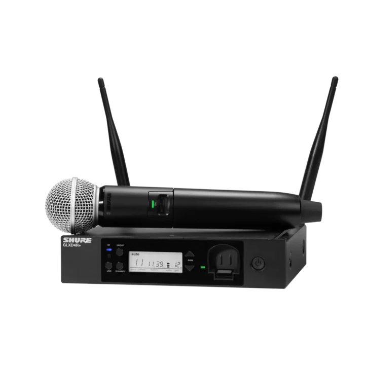 Shure GLXD24R+ digital wireless rack system with SM58 vocal microphone front view