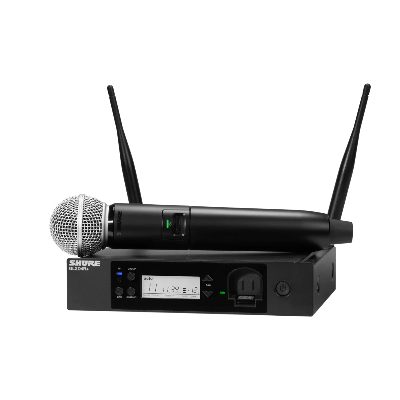 Shure GLXD24R+ Digital Wireless Rack System with SM58 Shure GLXD24R+ digital wireless rack system with SM58 vocal microphone front view