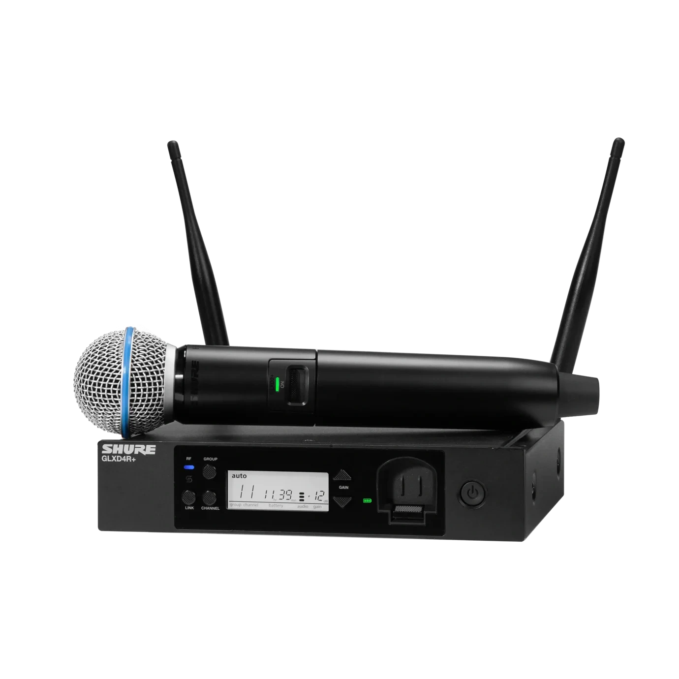 Shure GLXD24R+ Digital Wireless Rack System with BETA58A Shure GLXD24R+ digital wireless rack system with BETA58A microphone front view
