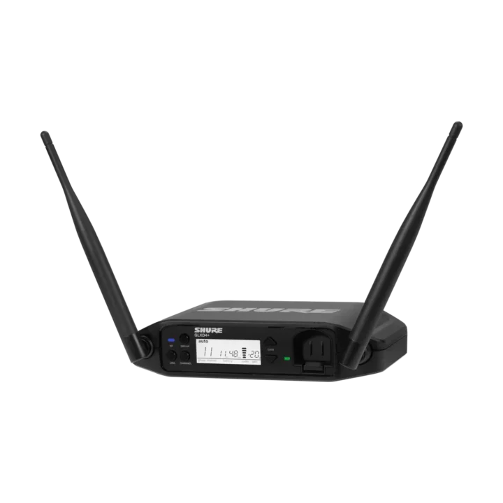 Shure GLXD4+ dual band digital wireless tabletop receiver with front panel controls and antenna connectors