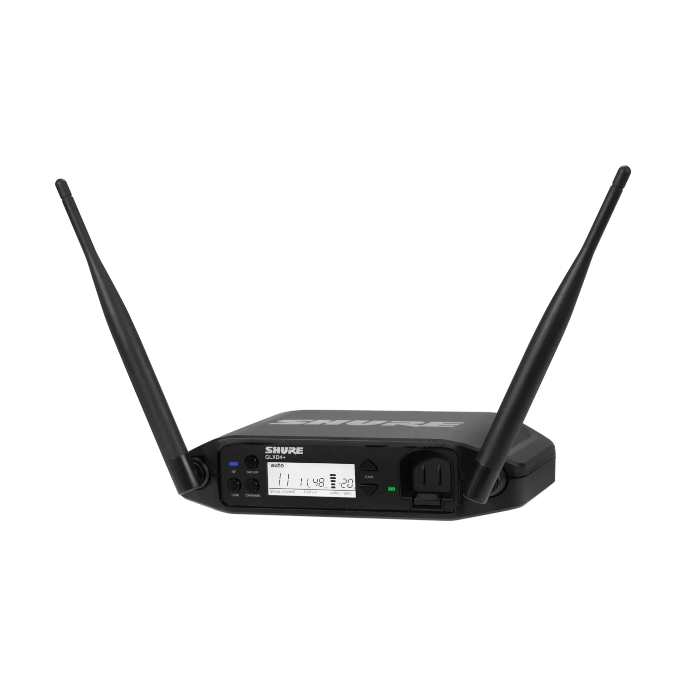 Shure GLXD4+ Digital Wireless Dual Band Tabletop Receiver Shure GLXD4+ dual band digital wireless tabletop receiver with front panel controls and antenna connectors