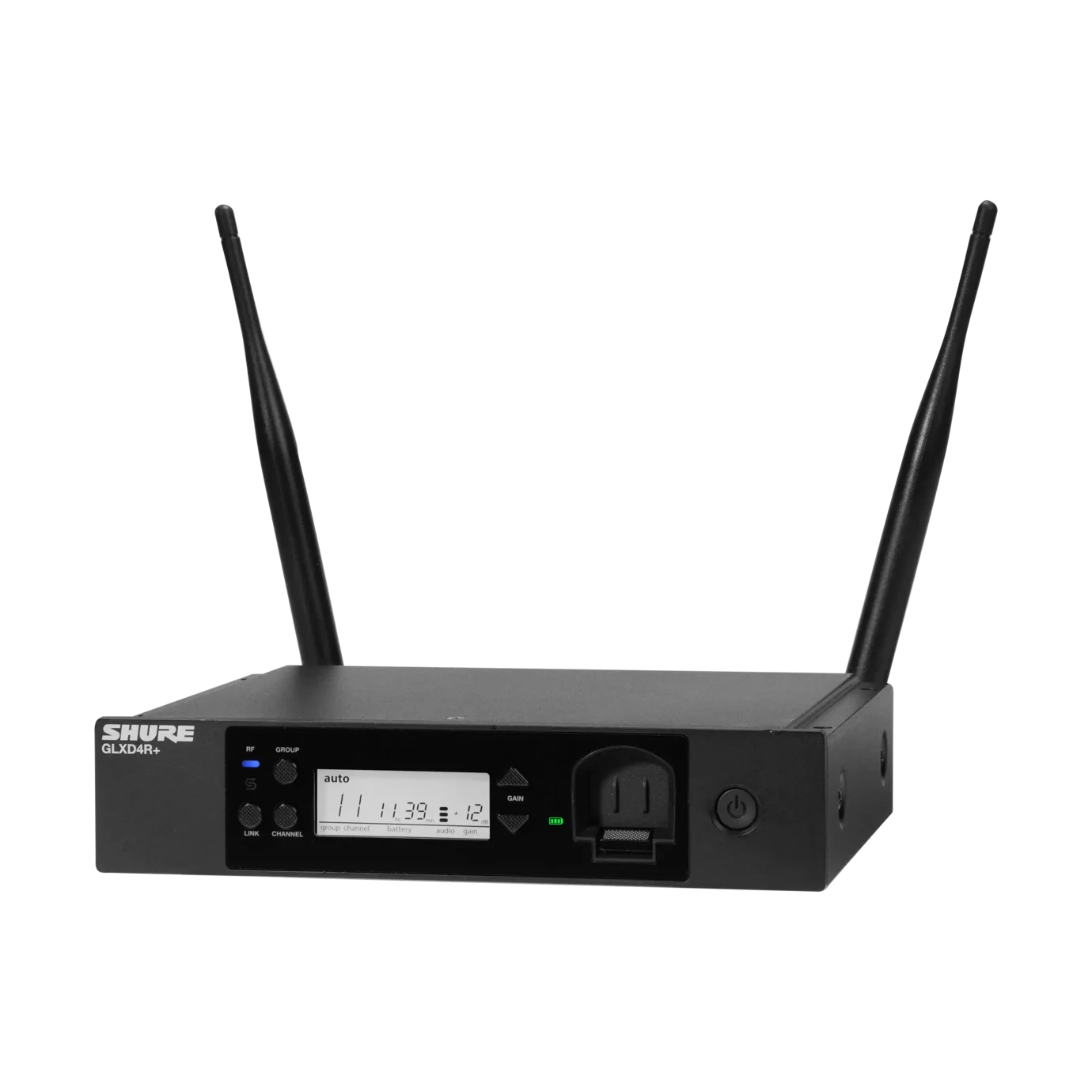 Shure GLXD4R+ Digital Wireless Receiver Front Panel Shure GLXD4R+ dual band digital wireless receiver with front panel controls and display screen