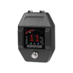 Shure GLXD6+ dual band digital wireless guitar pedal receiver showing top panel controls and display