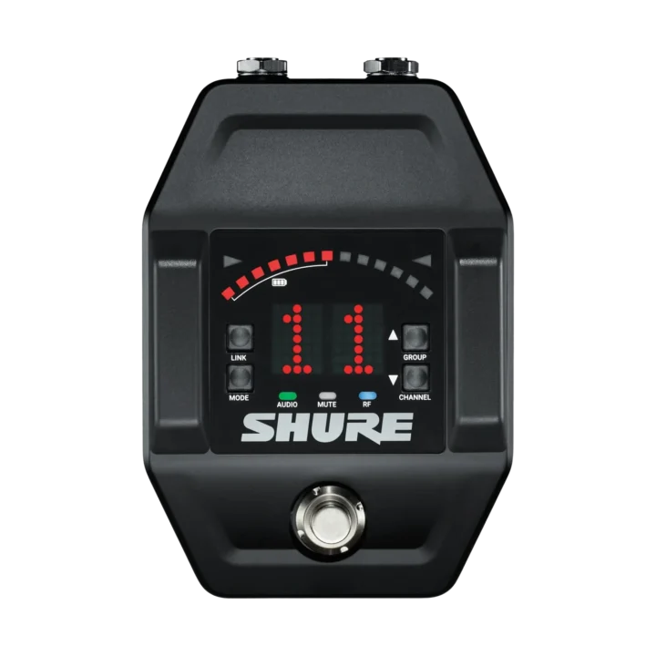 Shure GLXD6+ dual band digital wireless guitar pedal receiver with LCD display and control buttons