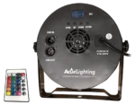 Acue Lighting 54 Flat Par RGBA LED par light showing control panel and remote interface