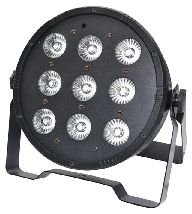 Acue Lighting 9x10W RGBW flat par LED wash light with nine 10-watt RGB color mixing diodes front view