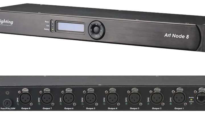 Acue Lighting Art-Node 8 eight-output ArtNet to DMX converter with front panel controls and connectors