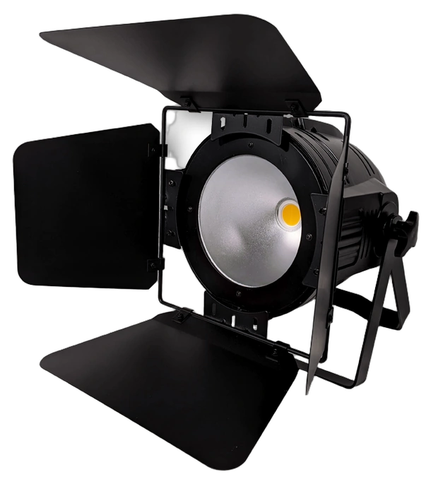 Acue Lighting COB 200 WW warm white LED wash par light front view with lens and housing