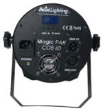 Acue Lighting COB 60 RGBW LED par can showing control panel and rear connections