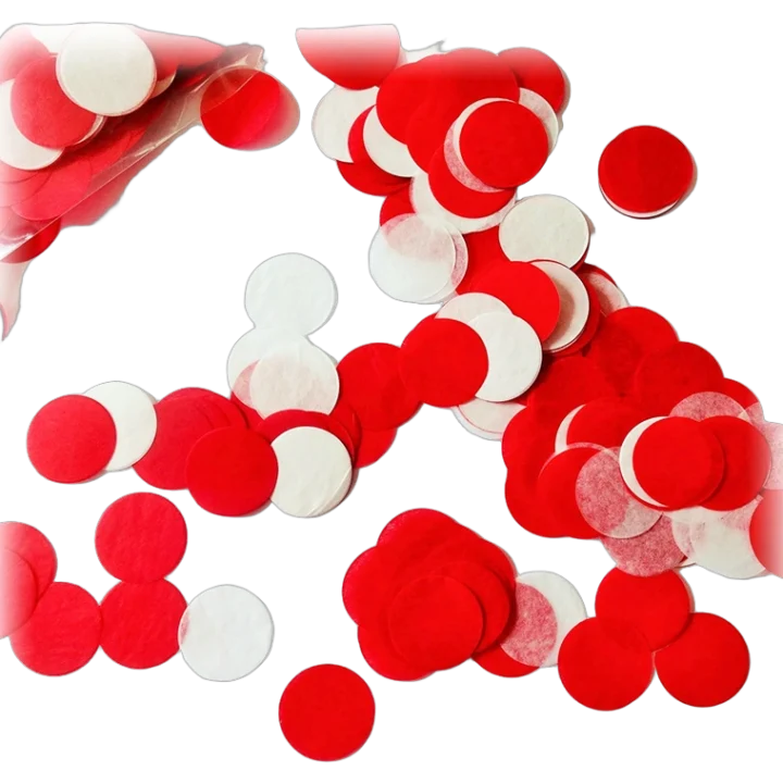 Acue Lighting red and white circle confetti paper scattered display overhead view