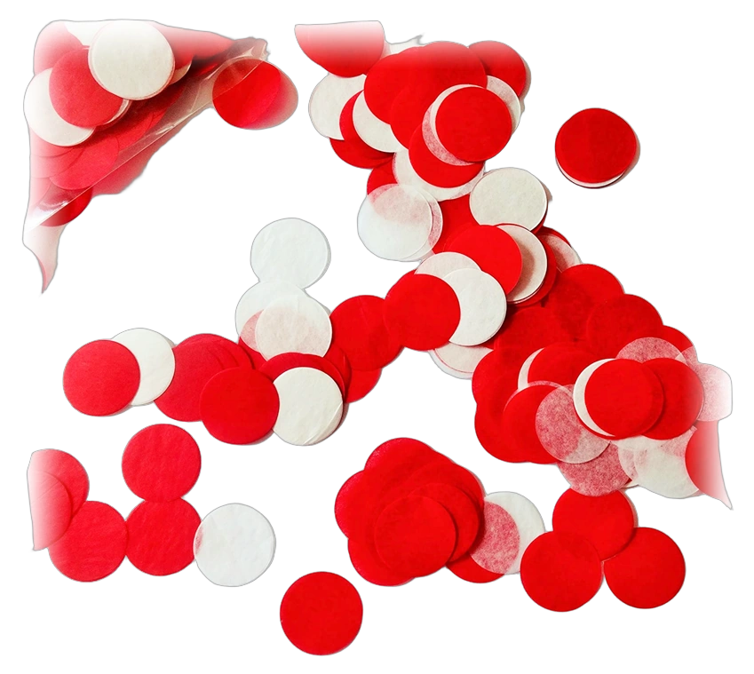 Acue Lighting Confetti Red White Dots Paper Acue Lighting red and white circle confetti paper scattered display overhead view