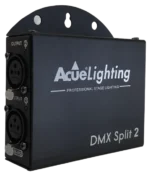 Acue Lighting DMX Split 2 two-output DMX splitter rear panel showing XLR connectors and output ports