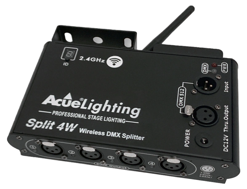 Acue Lighting DMX Split 4W Wireless DMX Splitter Front Acue Lighting DMX Split 4W wireless four-output DMX splitter with 2.4G connectivity front view