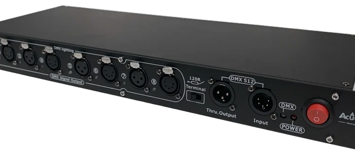 Acue Lighting DMX Split 8R eight-output DMX splitter rackmount unit front panel view