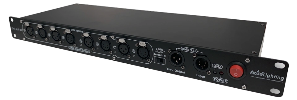 Acue Lighting DMX Split 8R Rackmount DMX Splitter Front Acue Lighting DMX Split 8R eight-output DMX splitter rackmount unit front panel view