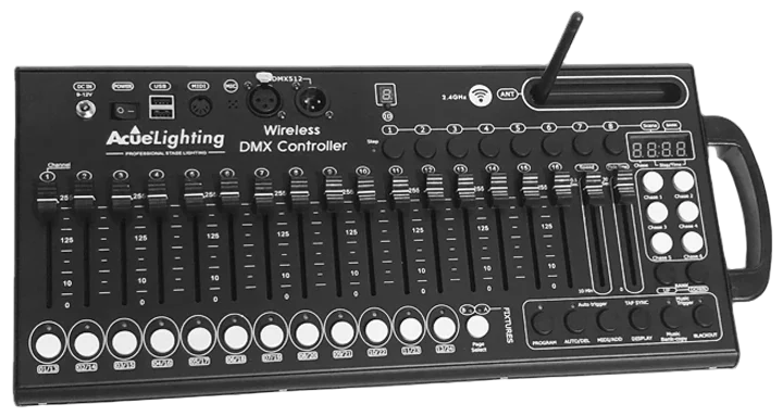 Acue Lighting DMX Wireless 384-channel flat controller console with illuminated faders and control interface