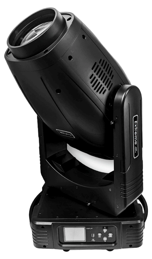 Acue Lighting Extreme 650 LED Moving Head Front View Acue Lighting Extreme 650 600W LED hybrid moving head light with front-facing optics and control panel
